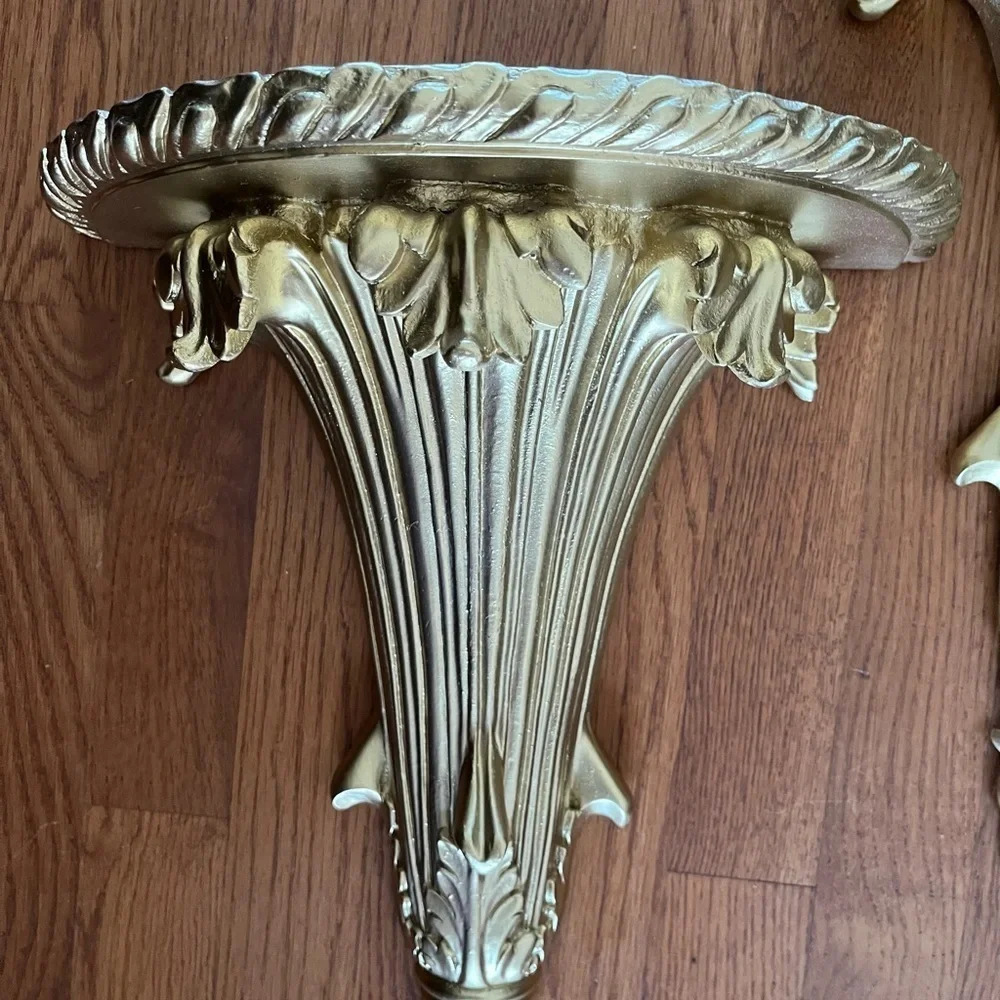 Vintage gold  flute shaped  sconces, display shelves shelf, sconces